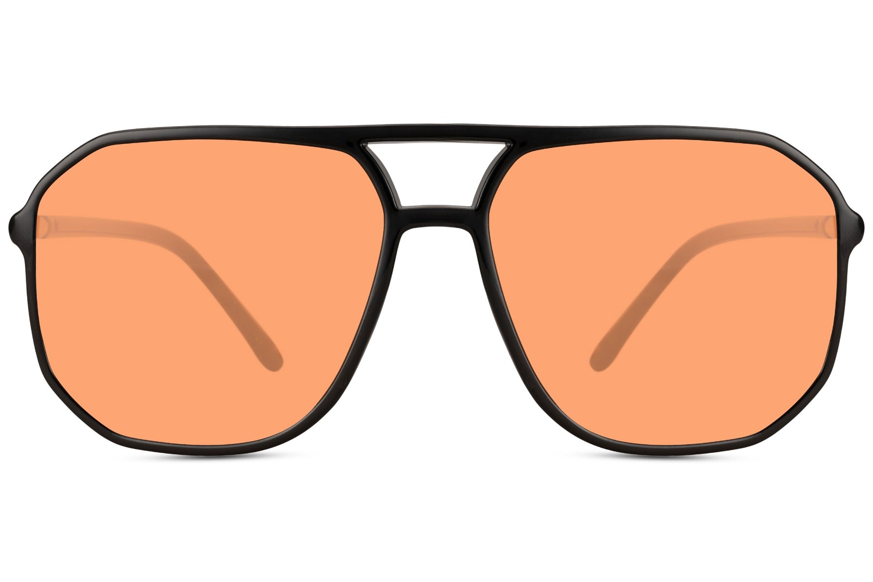 Orange tinted retro aviator sunglasses with geometric frame, suitable for casual styling and travel looks