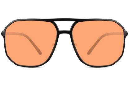 Orange tinted retro aviator sunglasses with geometric frame, suitable for casual styling and travel looks