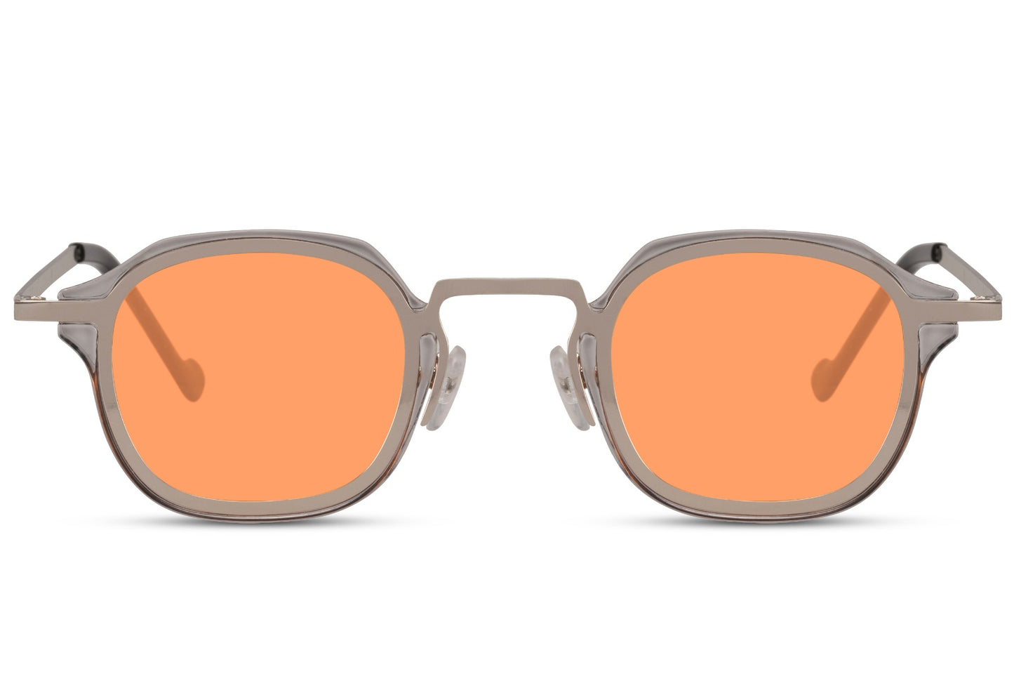 Vintage style small square sunglasses with orange tinted lenses and slim metal frame for streetwear fashion