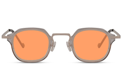 Vintage style small square sunglasses with orange tinted lenses and slim metal frame for streetwear fashion