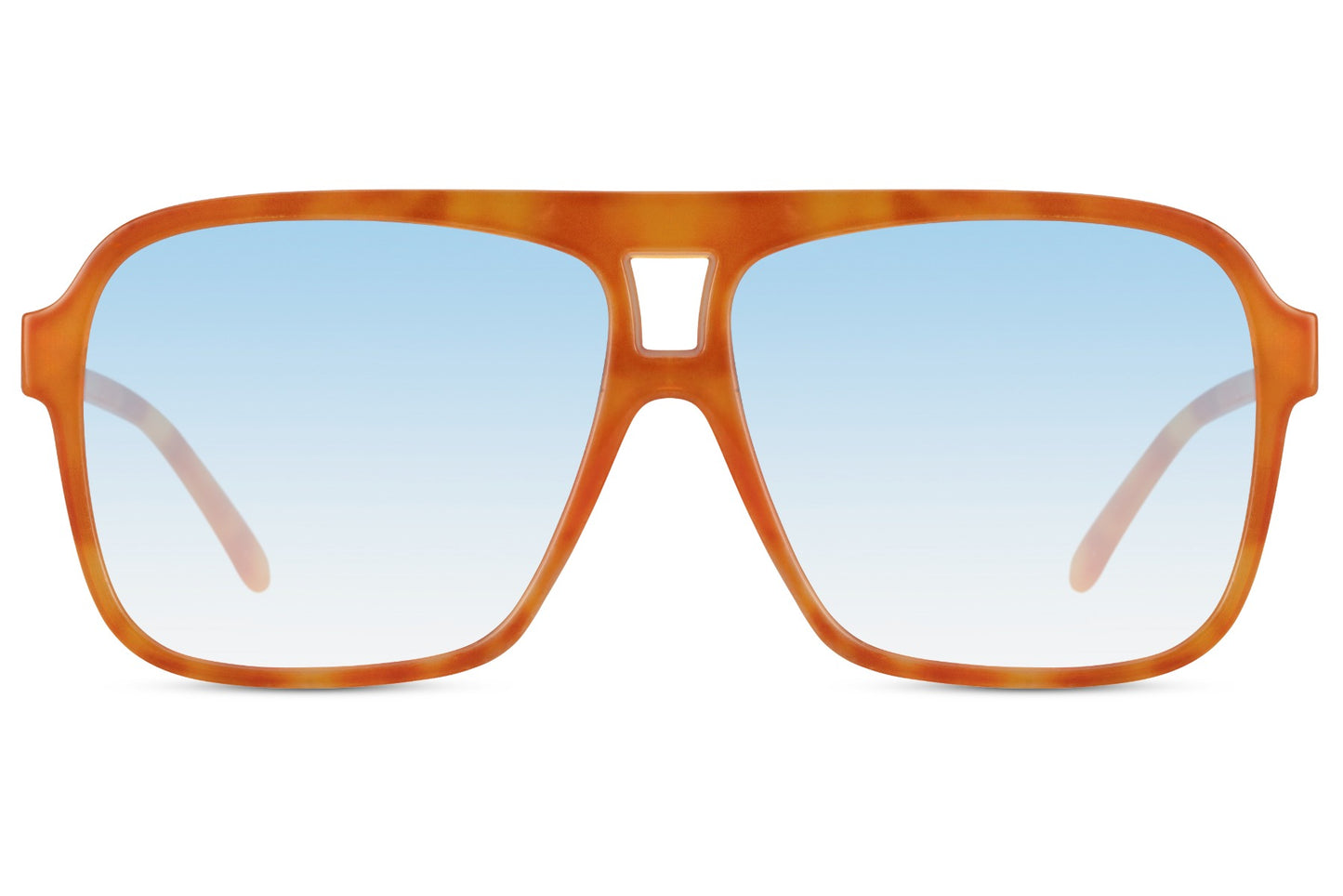 Oversized aviator sunglasses with orange frame and blue tinted lenses, bold unisex eyewear for statement fashion looks