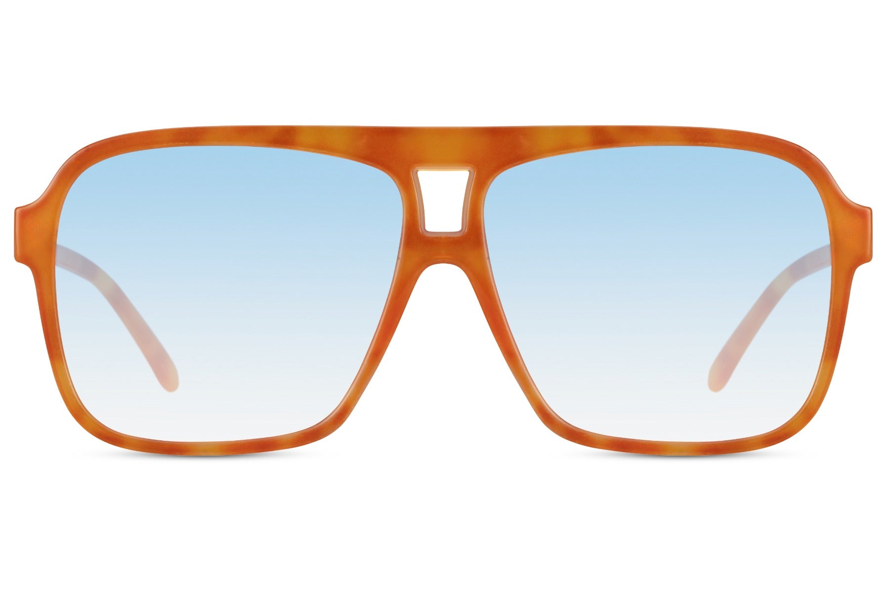 Oversized aviator sunglasses with orange frame and blue tinted lenses, bold unisex eyewear for statement fashion looks