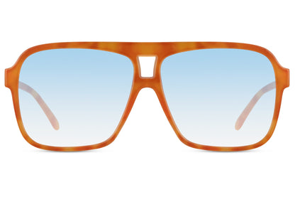 Oversized aviator sunglasses with orange frame and blue tinted lenses, bold unisex eyewear for statement fashion looks