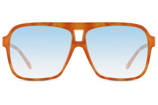 Oversized aviator sunglasses with orange frame and blue tinted lenses, bold unisex eyewear for statement fashion looks