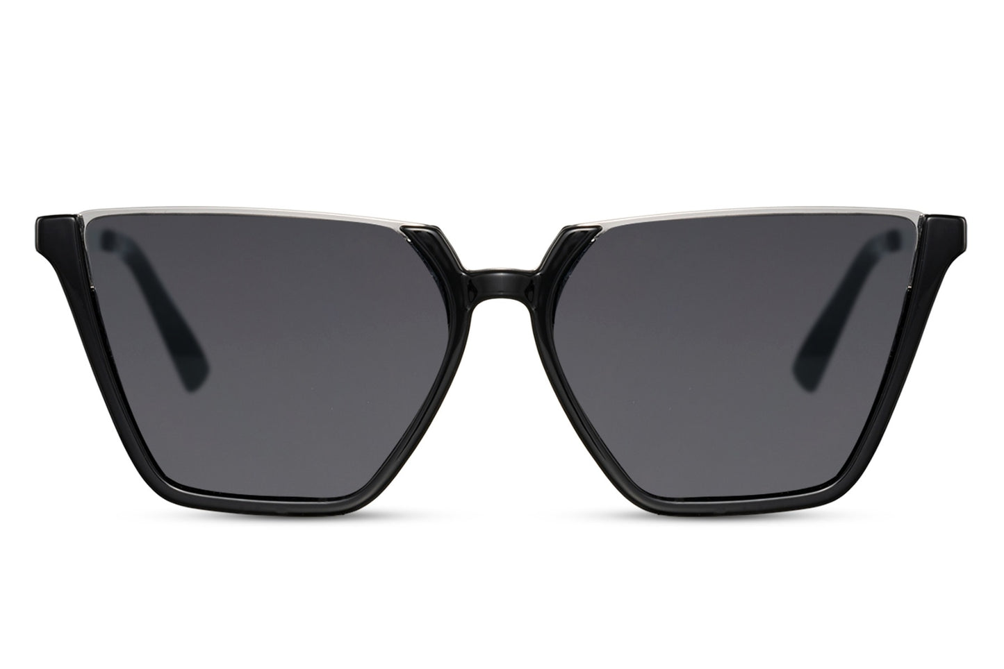 Oversized cat eye sunglasses with black frame and dark tinted lenses