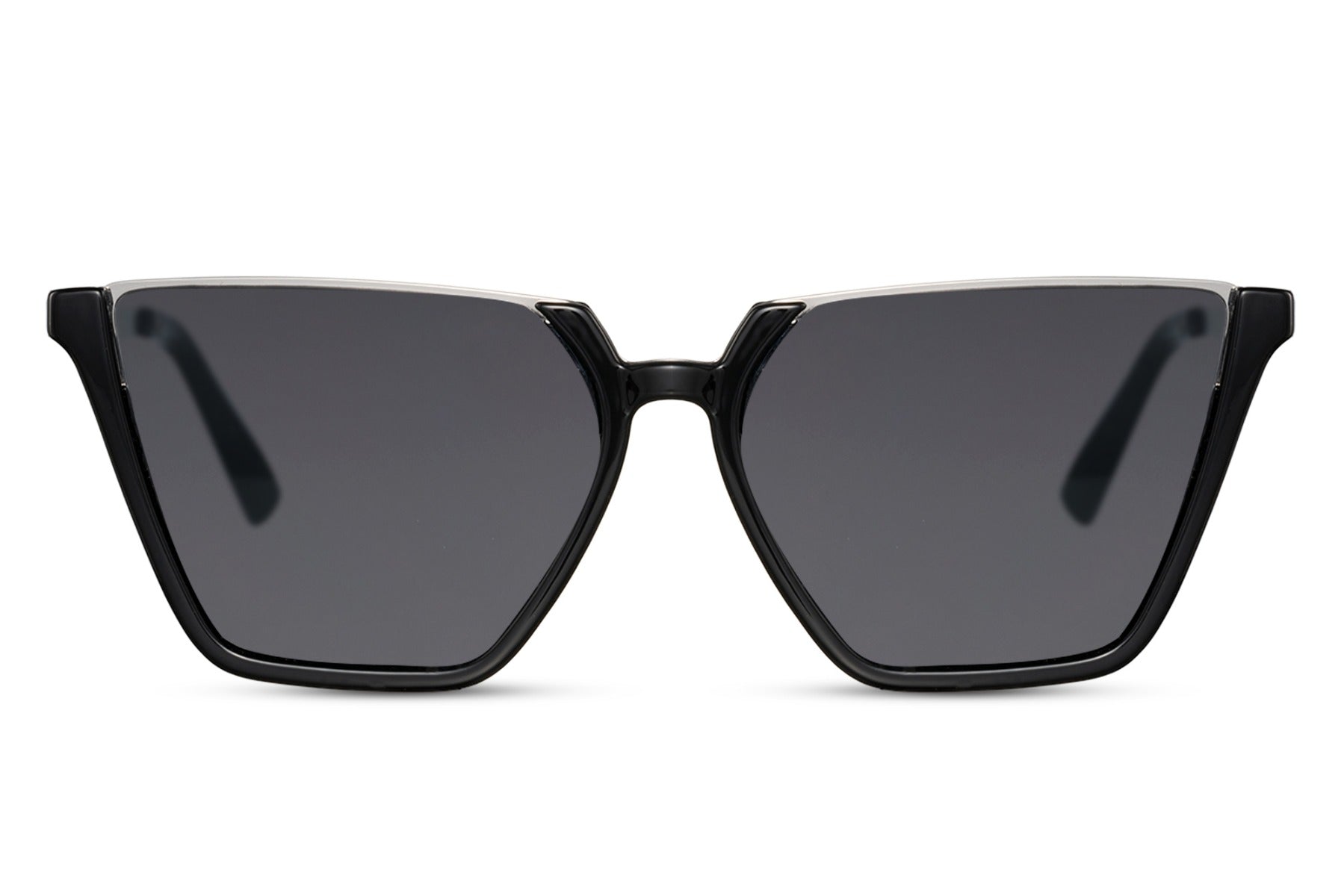 Oversized cat eye sunglasses with black frame and dark tinted lenses
