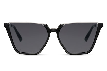 Oversized cat eye sunglasses with black frame and dark tinted lenses