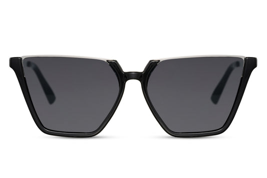 Oversized cat eye sunglasses with black frame and dark tinted lenses