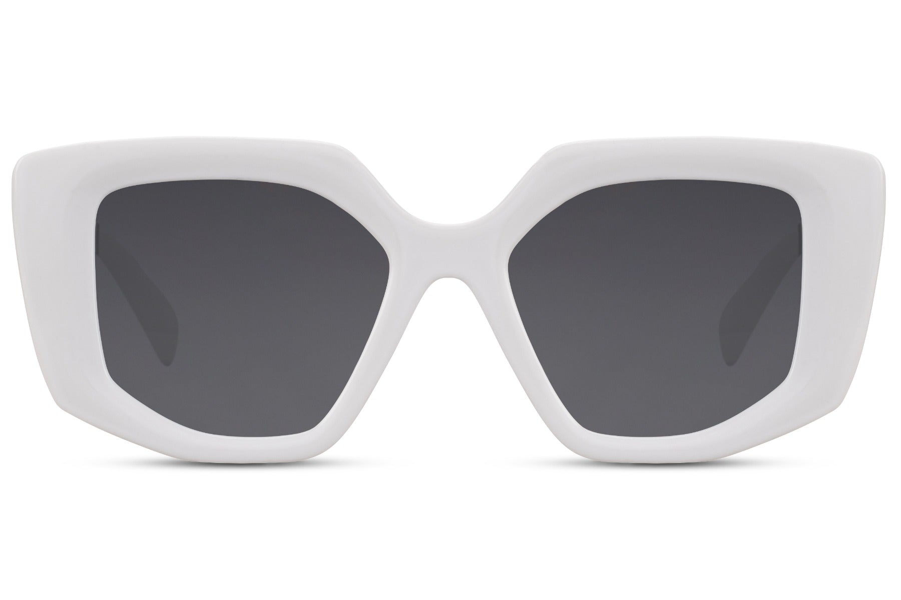Oversized geometric sunglasses with bold white frame and square lenses, statement sunglasses for women perfect for summer outfits, beach holidays and modern fashion looks