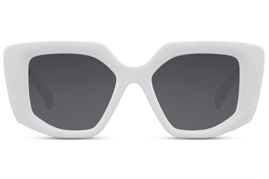 Oversized geometric sunglasses with bold white frame and square lenses, statement sunglasses for women perfect for summer outfits, beach holidays and modern fashion looks