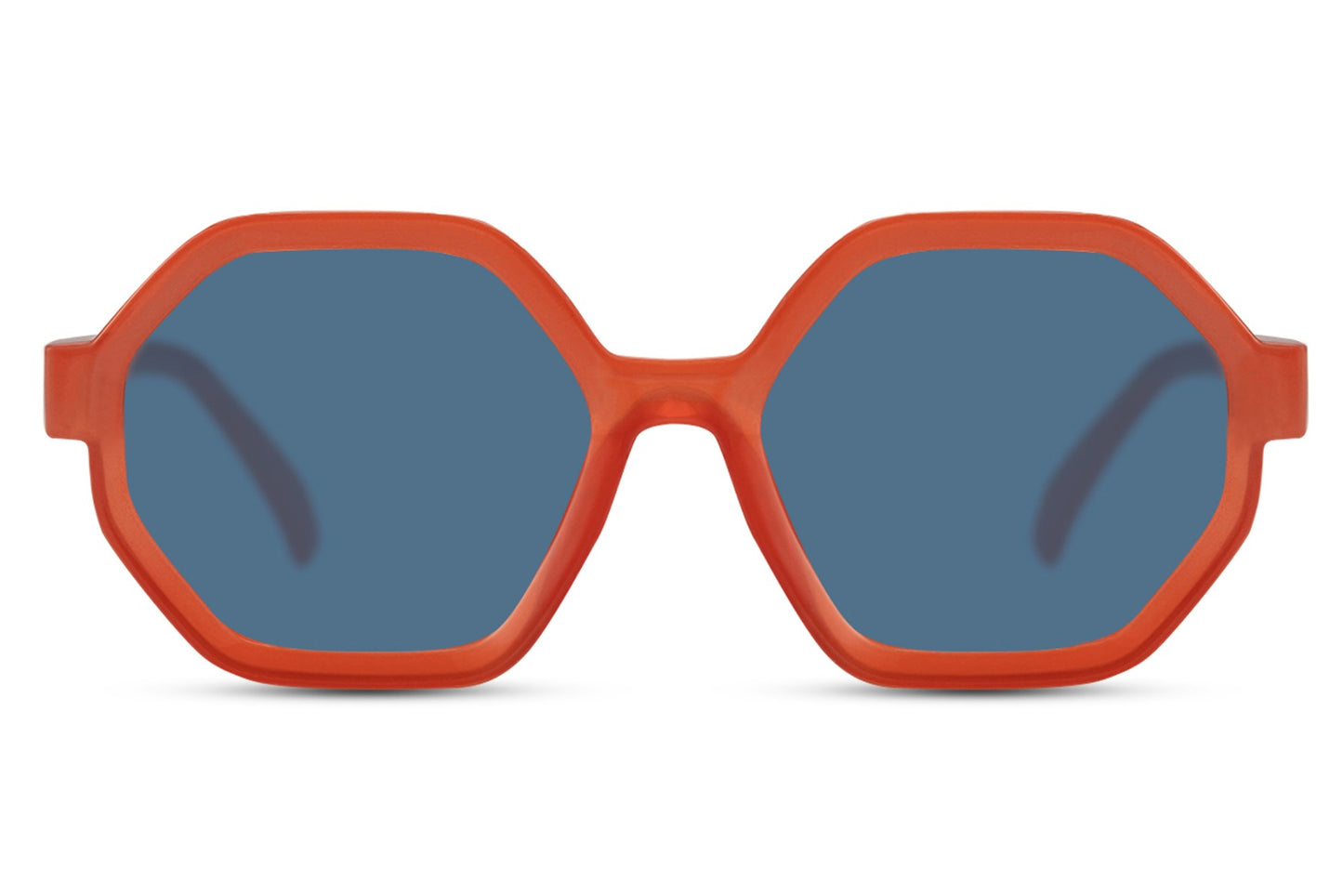 Bold oversized geometric sunglasses with orange frame and tinted lenses, trendy London fashion sunglasses for statement outfits, festivals and summer styling