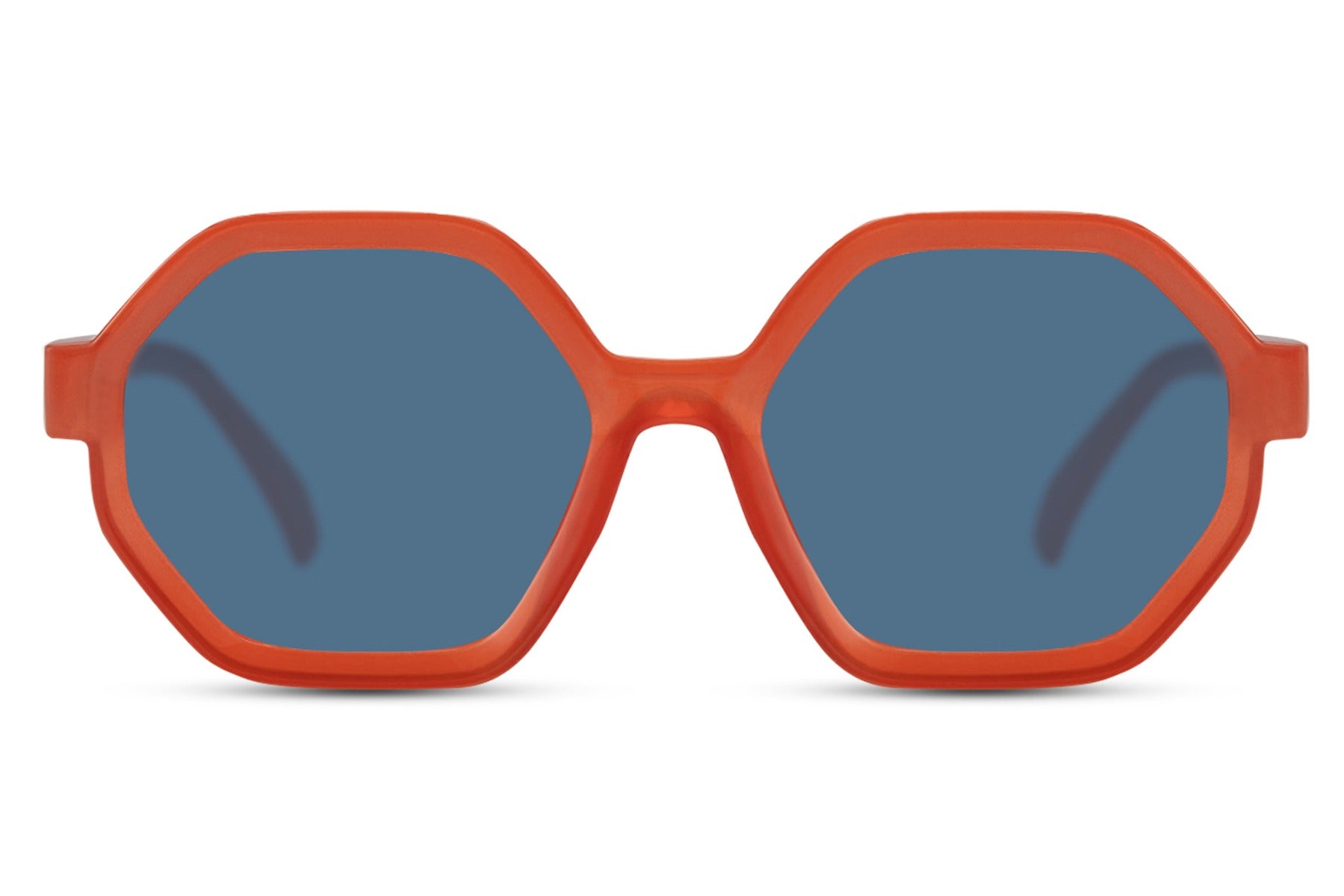 Bold oversized geometric sunglasses with orange frame and tinted lenses, trendy London fashion sunglasses for statement outfits, festivals and summer styling