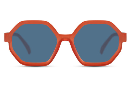 Bold oversized geometric sunglasses with orange frame and tinted lenses, trendy London fashion sunglasses for statement outfits, festivals and summer styling