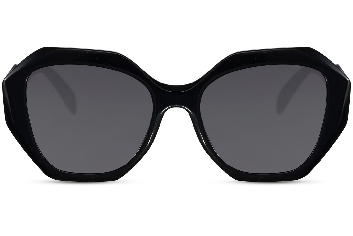 Oversized hexagon sunglasses with black geometric frame and dark lenses, designed for bold modern style and full UV protection