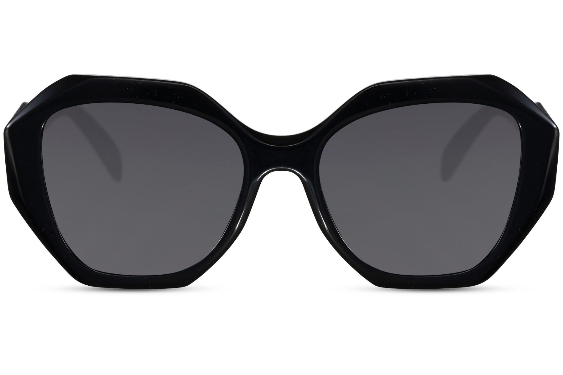 Oversized hexagon sunglasses with black geometric frame and dark lenses, designed for bold modern style and full UV protection