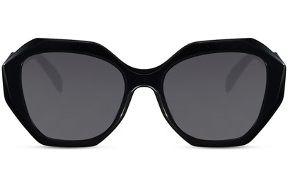 Oversized hexagon sunglasses with black geometric frame and dark lenses, designed for bold modern style and full UV protection