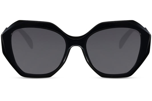 Oversized hexagon sunglasses with black geometric frame and dark lenses, designed for bold modern style and full UV protection