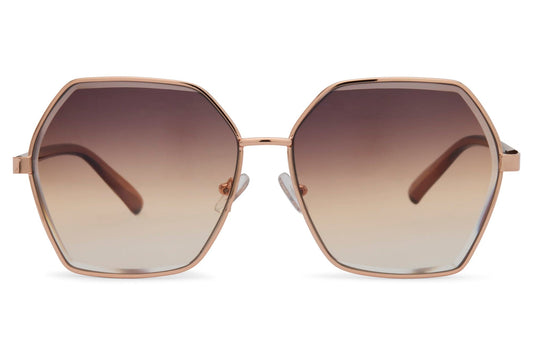 Oversized hexagon sunglasses with brown gradient lenses and geometric metal frame, designed for modern fashion and full UV protection