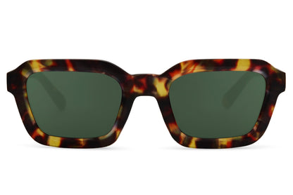 Oversized rectangle sunglasses with tortoiseshell frame and green lenses by Sunglass Station, eco-friendly unisex eyewear with a stylish modern edge