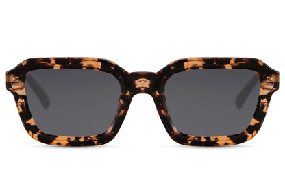 Unisex oversized rectangle sunglasses with tortoiseshell frame and dark lenses by Sunglass Station, bold eco-friendly eyewear made from recycled materials, available online with free shipping across the UK and Europe