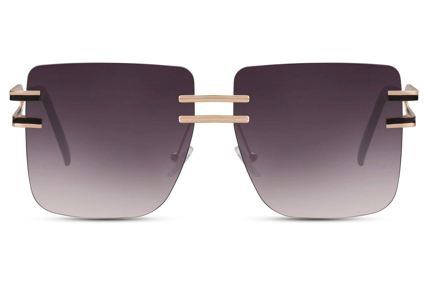 Oversized rimless sunglasses with brown gradient polarized lenses and gold detailing, elegant women’s sunglasses for beach holidays, brunch outfits and summer fashion