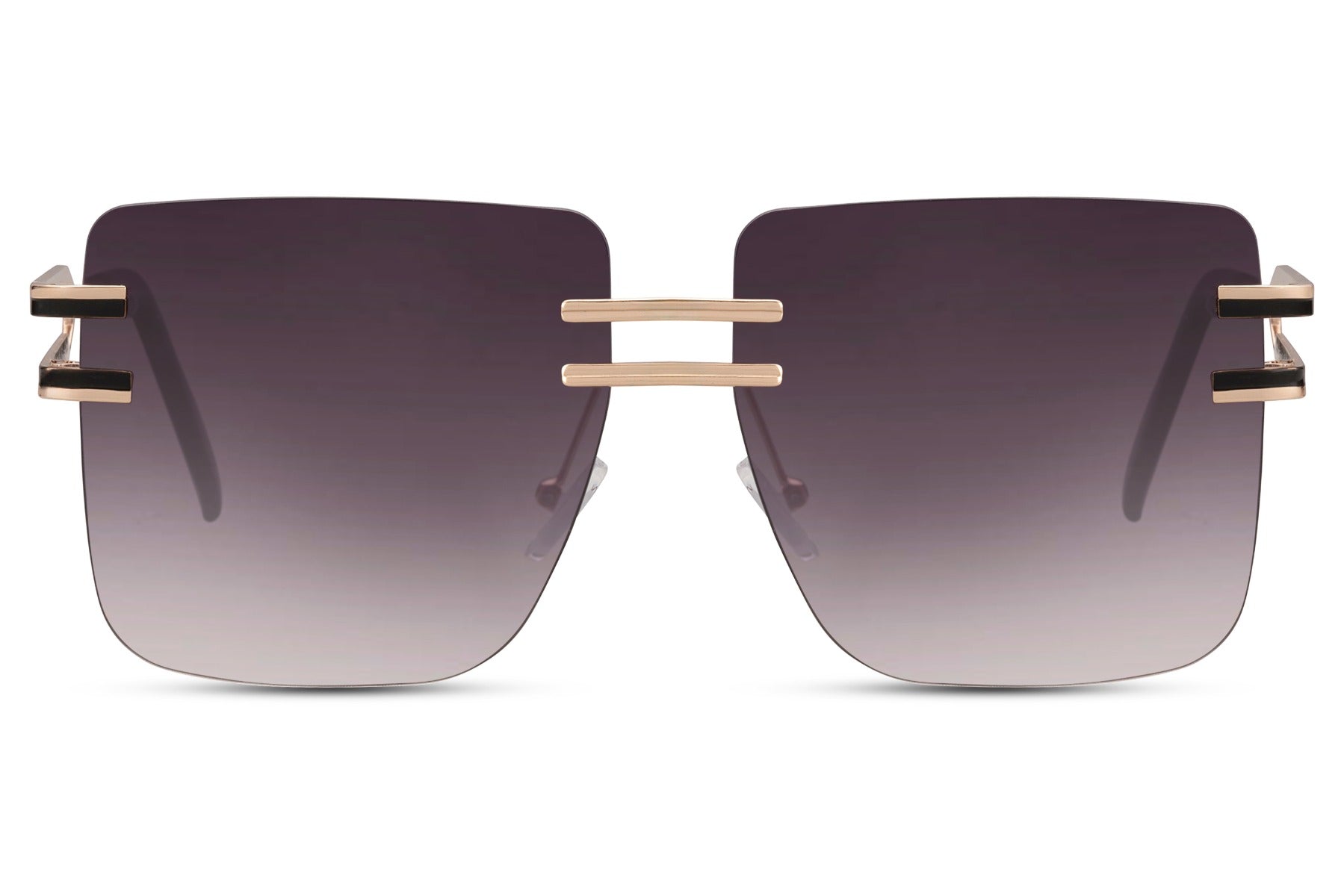 Oversized rimless sunglasses with brown gradient polarized lenses and gold detailing, elegant women’s sunglasses for beach holidays, brunch outfits and summer fashion