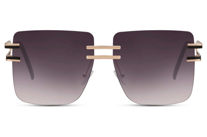 Oversized rimless sunglasses with brown gradient polarized lenses and gold detailing, elegant women’s sunglasses for beach holidays, brunch outfits and summer fashion