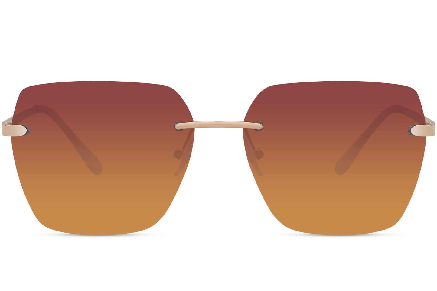 Rimless oversized sunglasses with orange gradient tinted lenses and gold detailing, trendy fashion sunglasses for beach holidays, vacation looks and summer styling