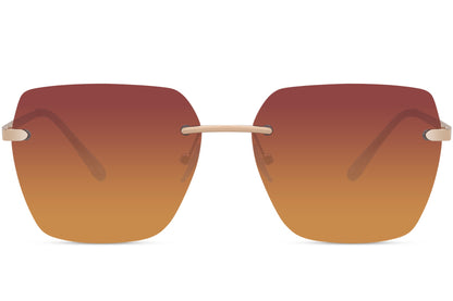 Rimless oversized sunglasses with orange gradient tinted lenses and gold detailing, trendy fashion sunglasses for beach holidays, vacation looks and summer styling