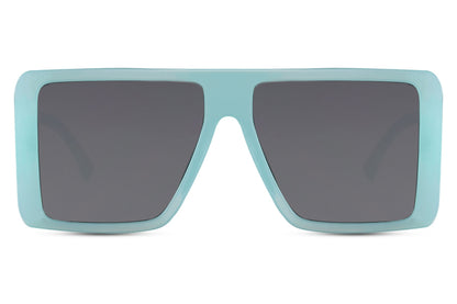 Oversized square sunglasses with blue tinted lenses and structured frame, offering modern style and comfortable eye coverage
