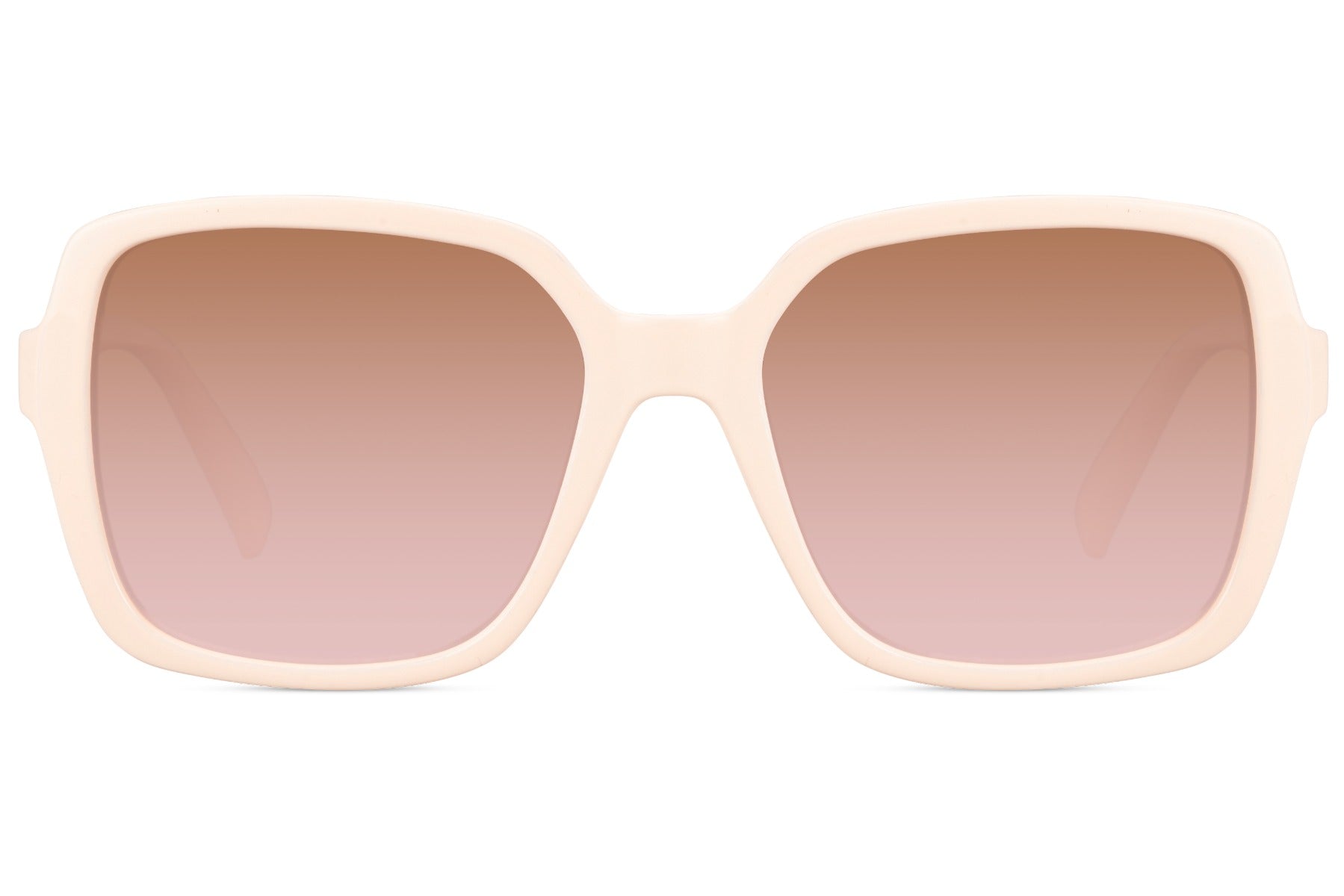 Oversized sunglasses with soft pink tinted lenses and neutral frame, inspired by contemporary European fashion and lightweight comfort