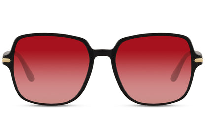 Oversized sunglasses with red tinted lenses and modern square frame, statement fashion sunglasses for summer outfits, festivals and holiday wear