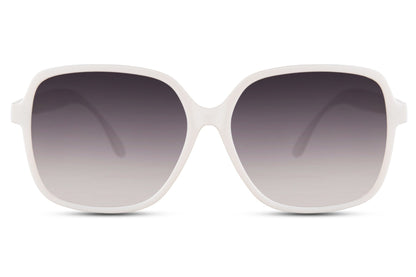 Oversized sunglasses with white frame and smokey lenses, fashionable women sunglasses for summer outfits, holidays, travel and everyday wear