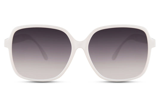 Oversized sunglasses with white frame and smokey lenses, fashionable women sunglasses for summer outfits, holidays, travel and everyday wear