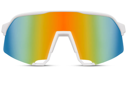 Oversized visor sunglasses with orange mirrored shield lens, bold sport sunglasses for festival outfits, beach wear and high performance outdoor use