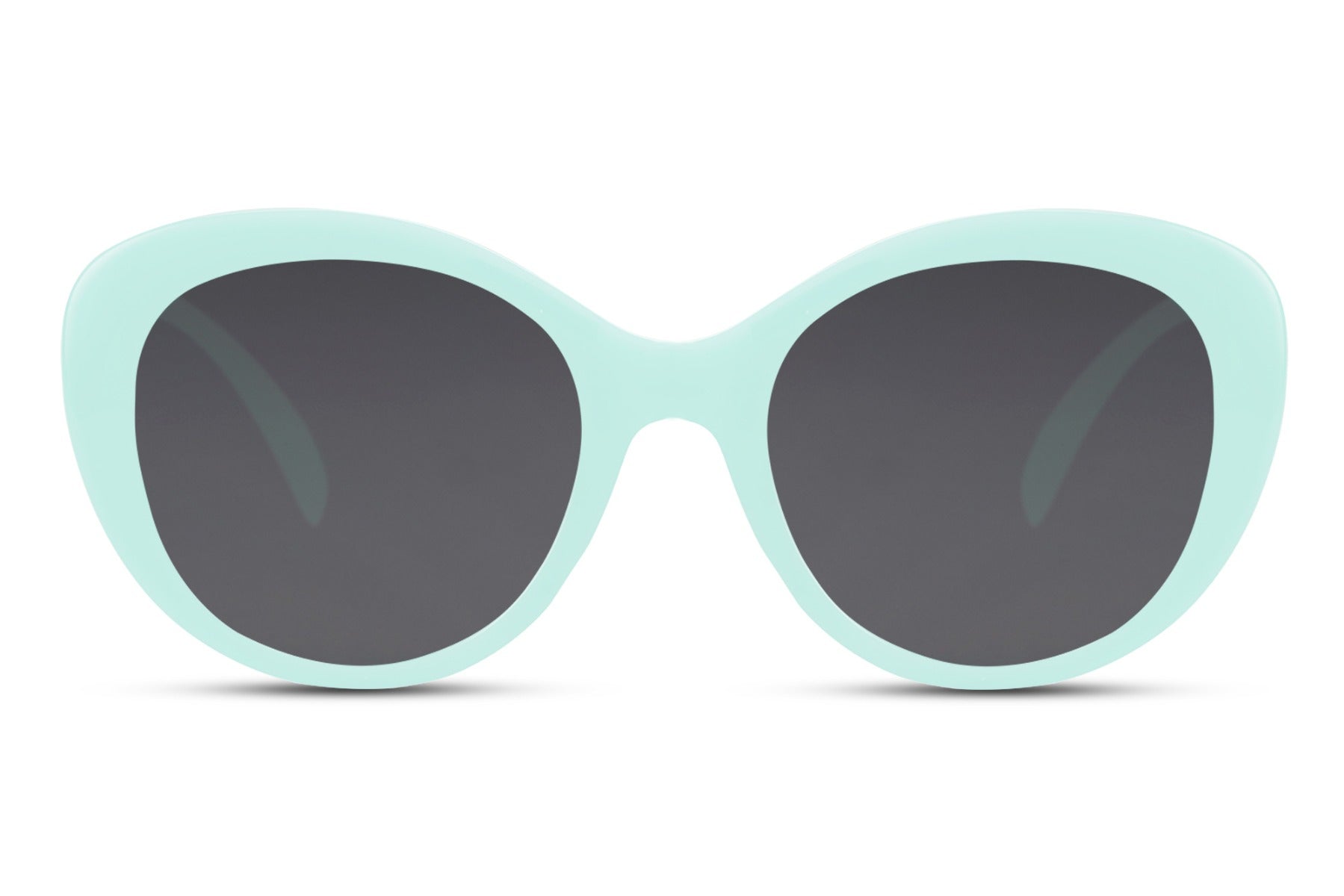 Mint green cat eye sunglasses with bold oversized frame and dark tinted lenses