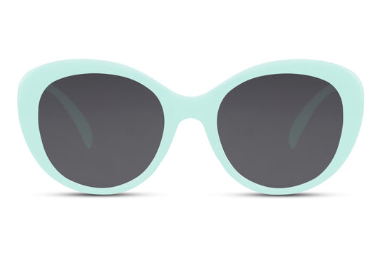 Mint green cat eye sunglasses with bold oversized frame and dark tinted lenses