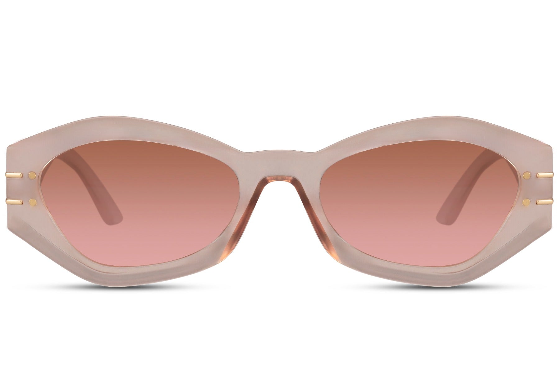 Pink geometric cat eye sunglasses with soft tinted lenses and lightweight frame design