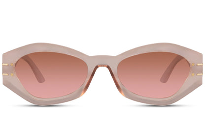 Pink geometric cat eye sunglasses with soft tinted lenses and lightweight frame design