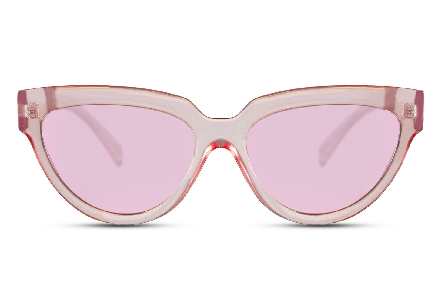 Vintage inspired cat eye sunglasses with pink frame and tinted lenses, designed for soft feminine styling and everyday wear