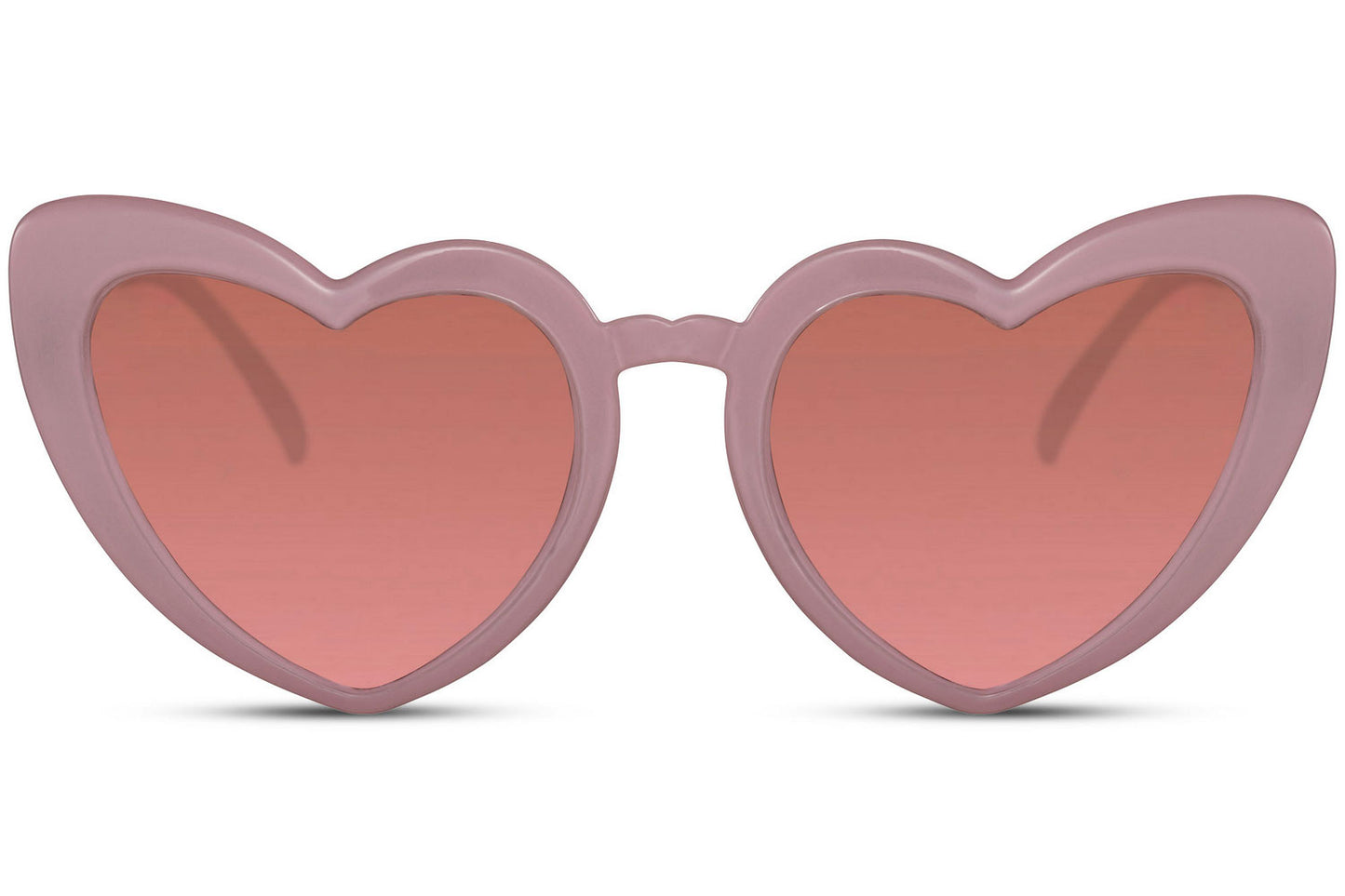 Pink heart shape sunglasses with tinted lenses and playful cat eye design