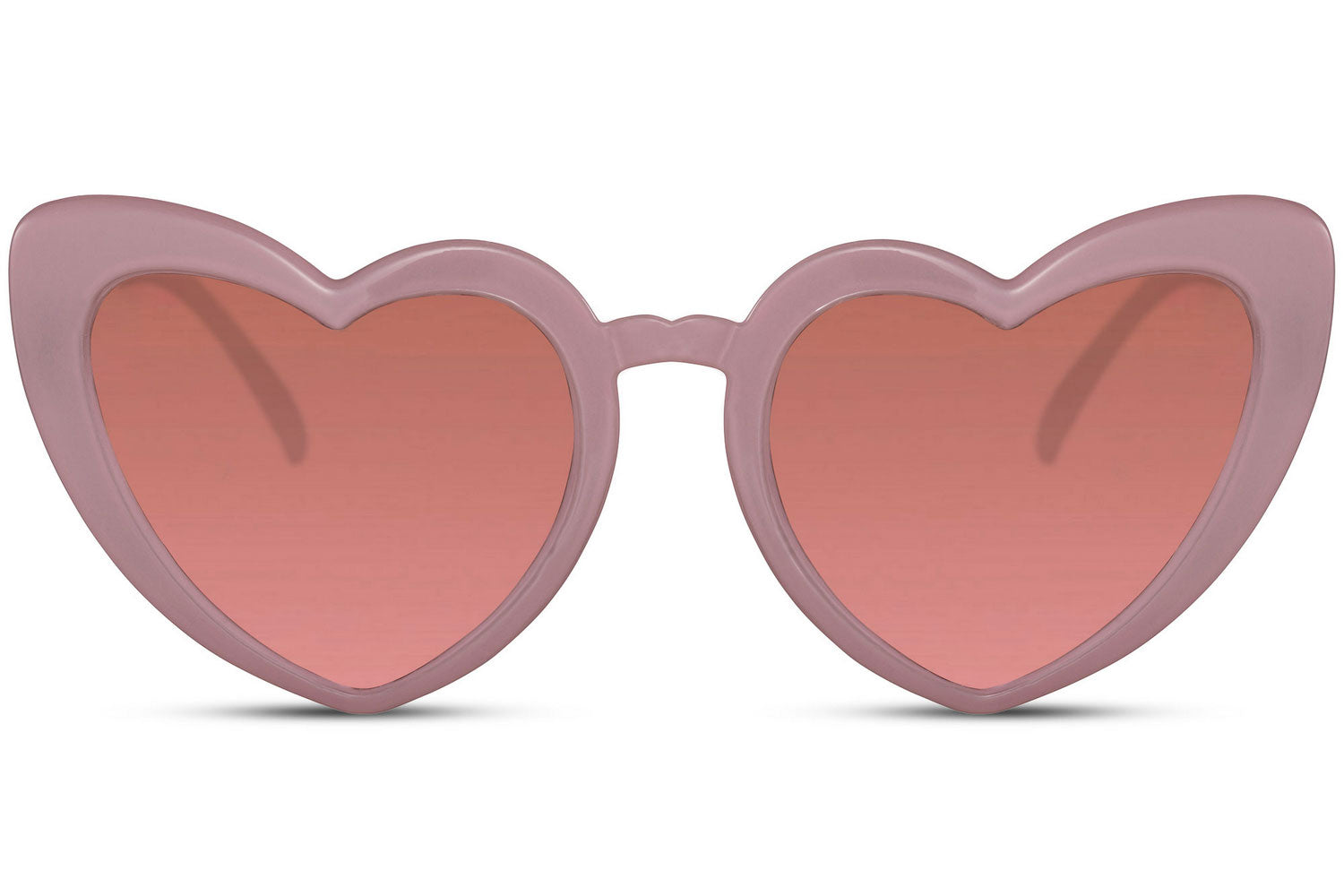 Pink heart shape sunglasses with tinted lenses and playful cat eye design