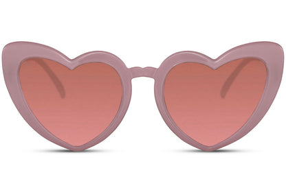 Pink heart shape sunglasses with tinted lenses and playful cat eye design