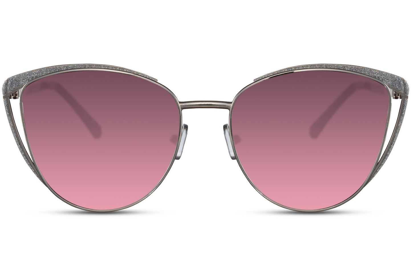 Cat eye sunglasses with soft pink tinted lenses and polished silver frame, designed for stylish everyday wear with UV protection
