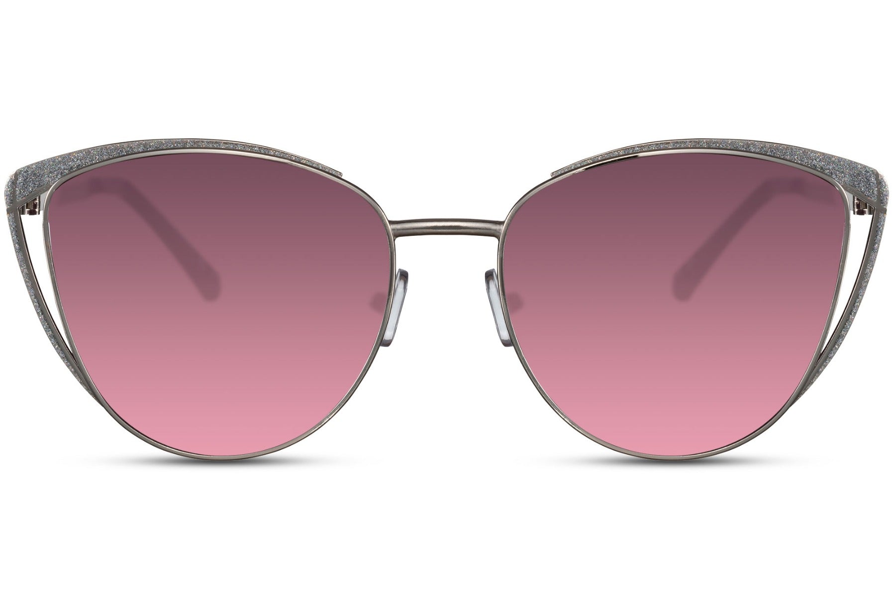 Cat eye sunglasses with soft pink tinted lenses and polished silver frame, designed for stylish everyday wear with UV protection