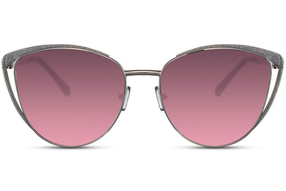 Cat eye sunglasses with soft pink tinted lenses and polished silver frame, designed for stylish everyday wear with UV protection