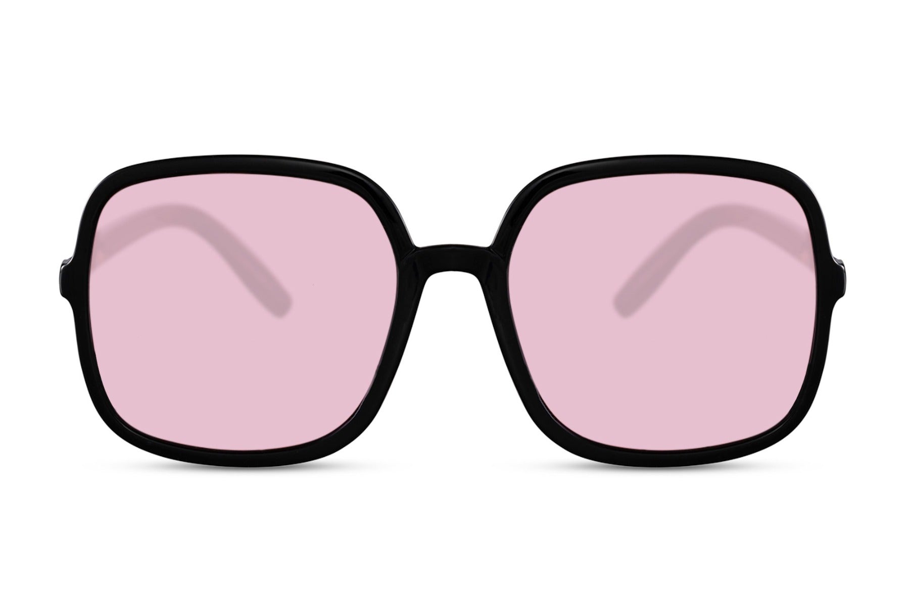Oversized sunglasses with pink lenses and round black frame, stylish women sunglasses for holidays, summer fashion and casual looks