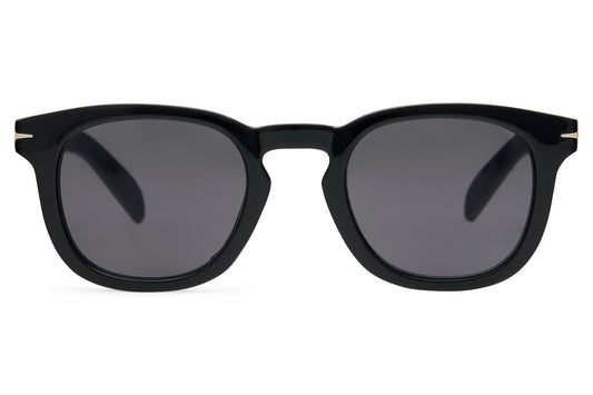 Men’s eco square sunglasses with black frame and dark polycarbonate lenses made from recycled materials