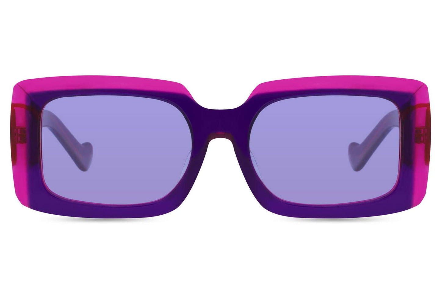 Polarized bold rectangle sunglasses with pink frame and purple lenses by Sunglass Station, unisex statement eyewear designed for glare reduction and UV protection, available online with free shipping across the UK and Europe