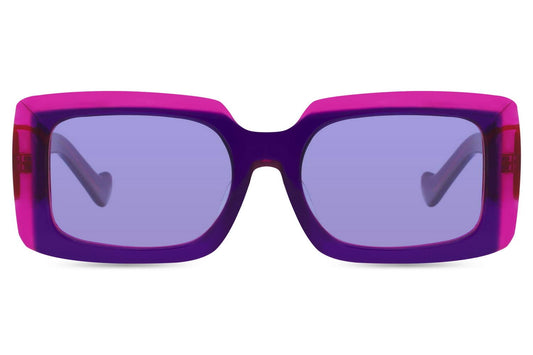 Polarized bold rectangle sunglasses with pink frame and purple lenses by Sunglass Station, unisex statement eyewear designed for glare reduction and UV protection, available online with free shipping across the UK and Europe